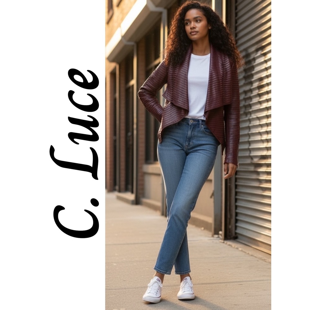 C.‎ Luce Burgundy Pleated Vegan Leather Draped Moto Jacket Medium